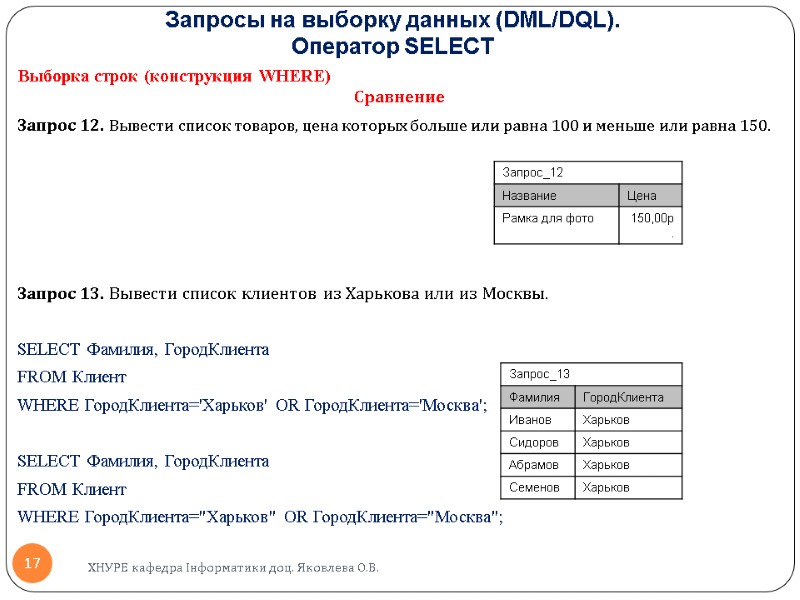 Запросы на выборку данных (DML/DQL).  Оператор SELECT  Выборка строк (конструкция WHERE) Сравнение